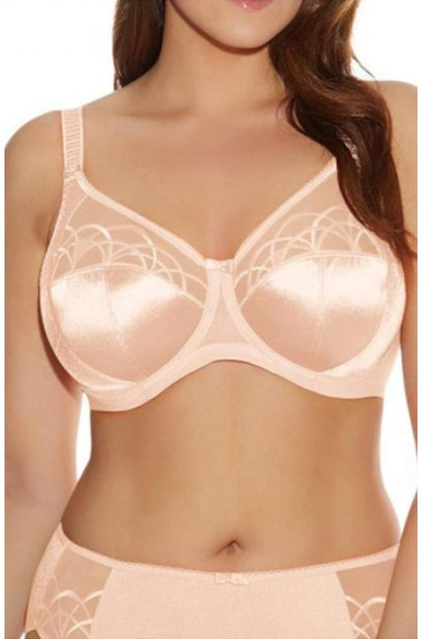 Elomi Cate underwire full cup bra in latte color with bow detail, available in E-HH cup sizes