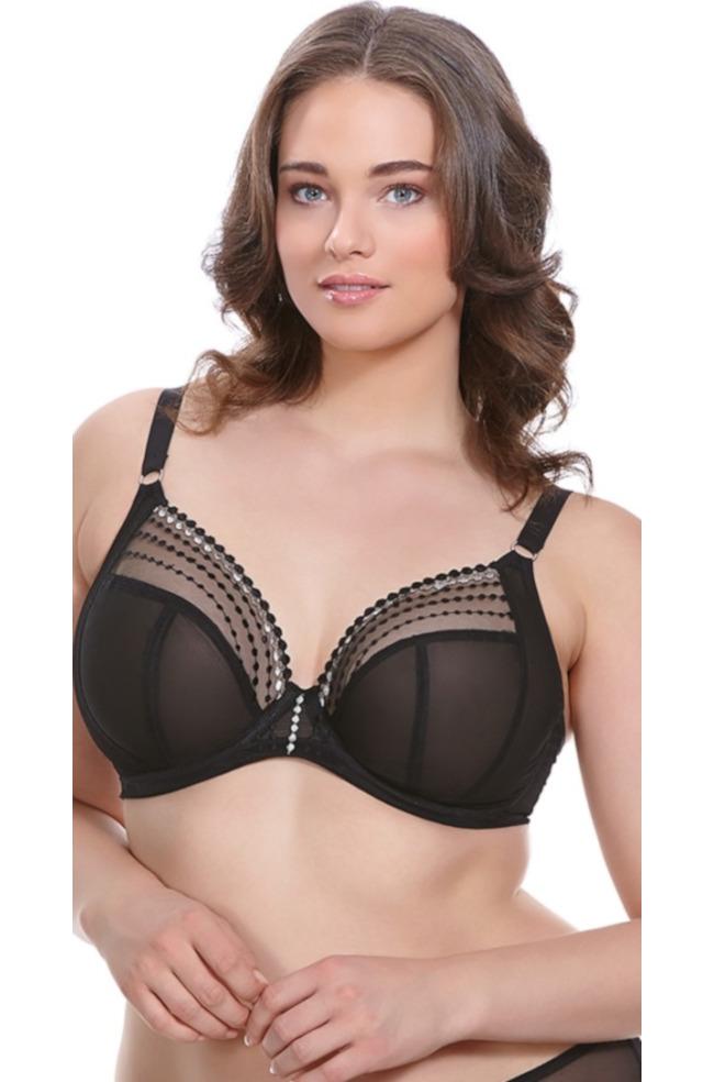 Black plunge bra by Elomi for larger cup sizes, featuring delicate lace details and supportive design.