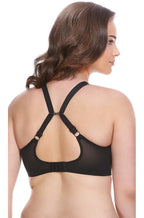 Black plunge bra by Elomi, featuring larger cup sizes and a stylish design