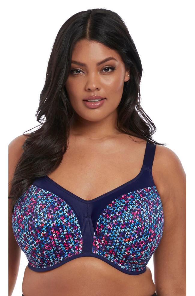 Navy geometric pattern sports bra for larger cup sizes by Elomi, providing support and comfort for active wear.