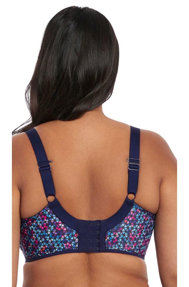 Navy geometric pattern sports bra by Elomi, designed for larger cup sizes, with adjustable straps and wide band.