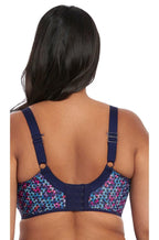 Navy geometric pattern sports bra by Elomi, designed for larger cup sizes, with adjustable straps and wide band.
