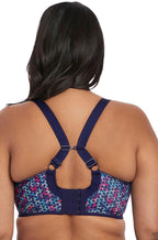 Navy geo print underwired sports bra by Elomi, designed for H cup, with convertible straps and crossover style.