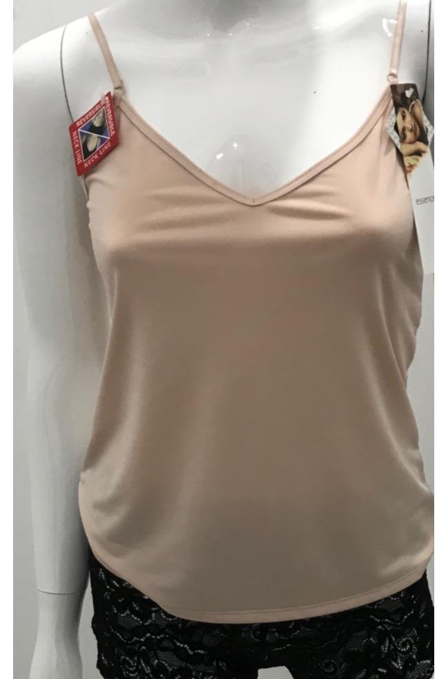 Reversible camisole in black and nude, made by Essence, featuring adjustable straps and soft fabric, size 10.