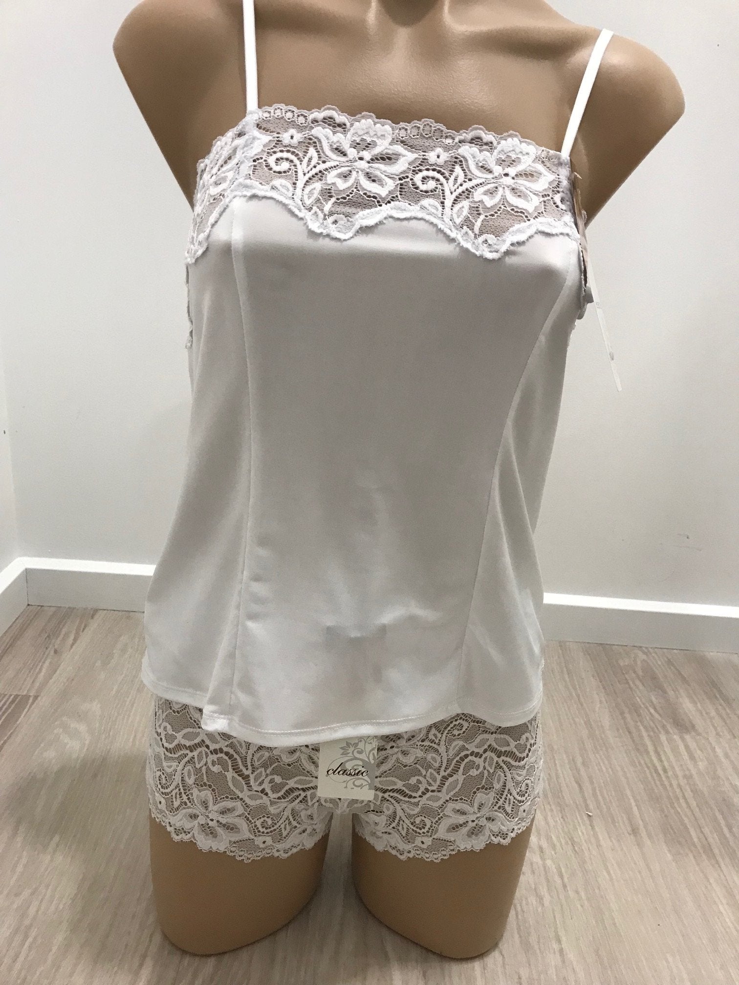 Black or white singlet camisole with lace insert by ESSENCE, size 10 and 12 available