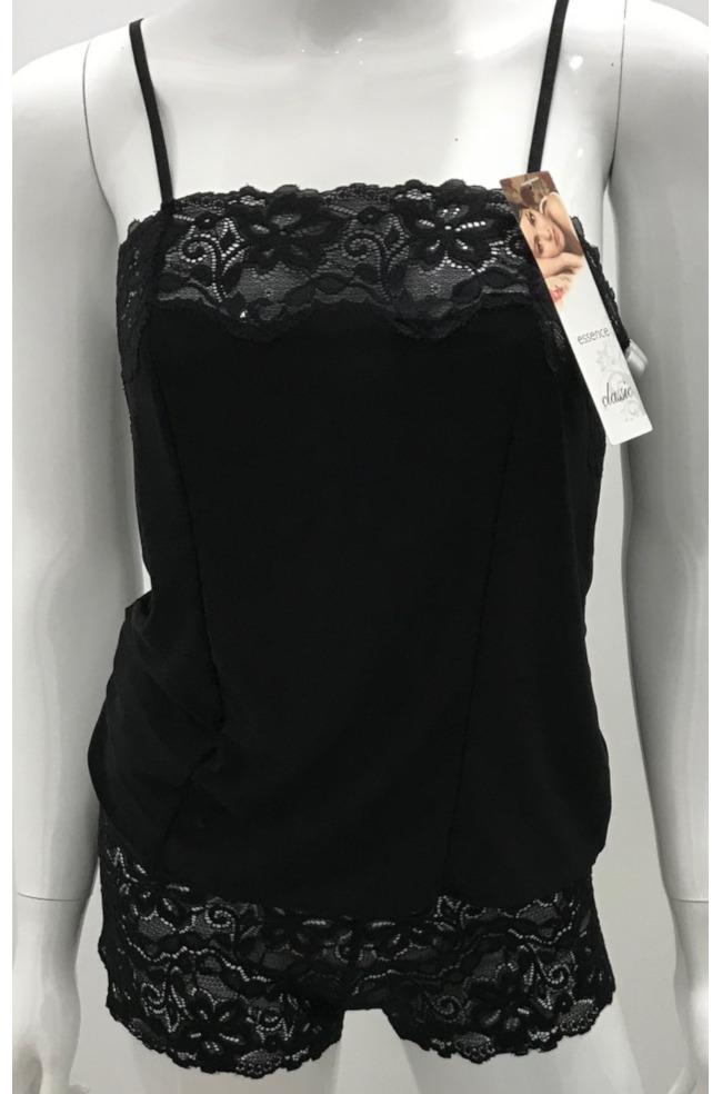 Black lace insert camisole from ESSENCE, size 10, designed for comfort and elegance in lingerie.