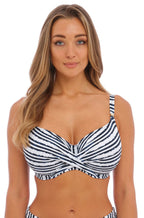 Navy and white Fantasie Sunshine Coast underwire bikini top with adjustable straps, size 14DD