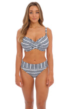 Navy and white underwire bikini top with adjustable straps, crossover design, size 14DD by Fantasie