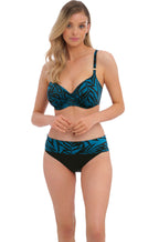 Fantasie Palmetto Bay adjustable waist bikini brief in blue and black, size XL, featuring fold-over design.