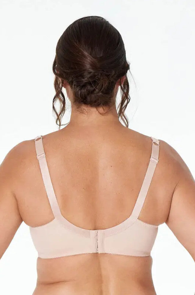 Fayreform coral underwire bra with floral lace embroidery in latte color, available in D, DD, and E cup sizes.