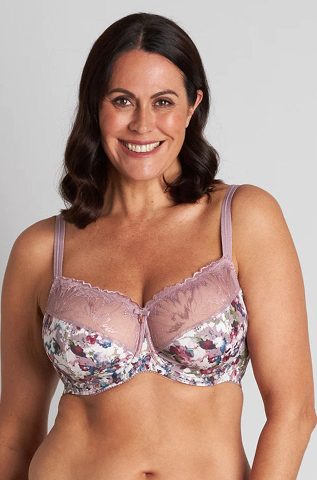 Elderberry lace underwire bra in size 22E by Fayreform with delicate floral accents