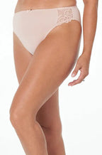 Coral high cut brief in latte soft microfibre with lace panels by Fayreform