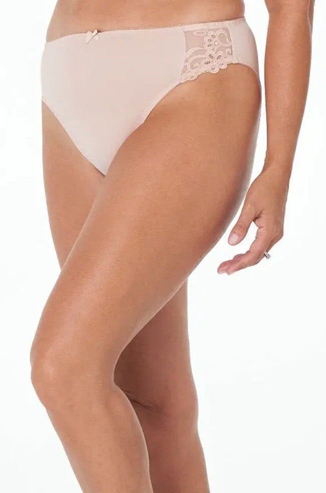 Coral high cut brief in latte soft microfibre with lace panels by Fayreform