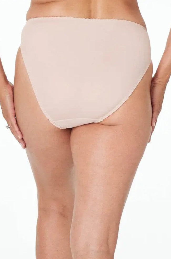 Coral high cut brief in latte soft microfibre with lace panels by Fayreform, available in black color options.