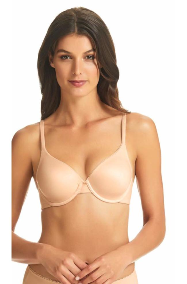 Nude full coverage convertible bra by Fineline, featuring soft fabric and adjustable straps, available in various E cup size