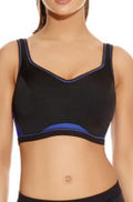 Freya black violet UW crop top sports bra for DD-F cup sizes with supportive design and adjustable straps