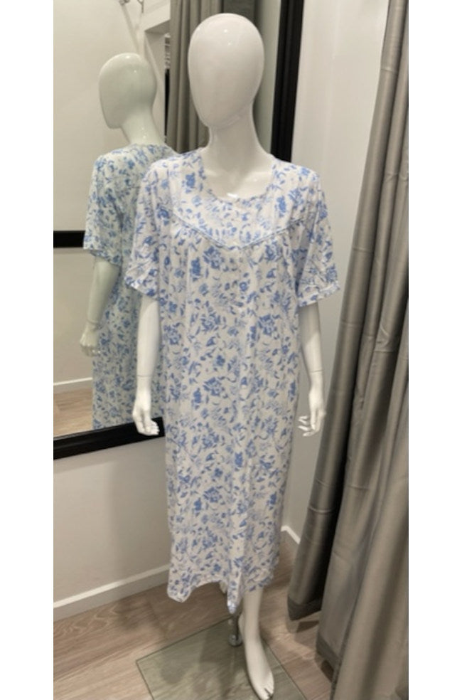 Givoni blue floral cotton mid-length nightie with button front, available in sizes S-2XL.