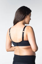 Black wirefree cotton sports bra with A-frame support from Hot Milk, available in sizes 10 to 14 B-C.