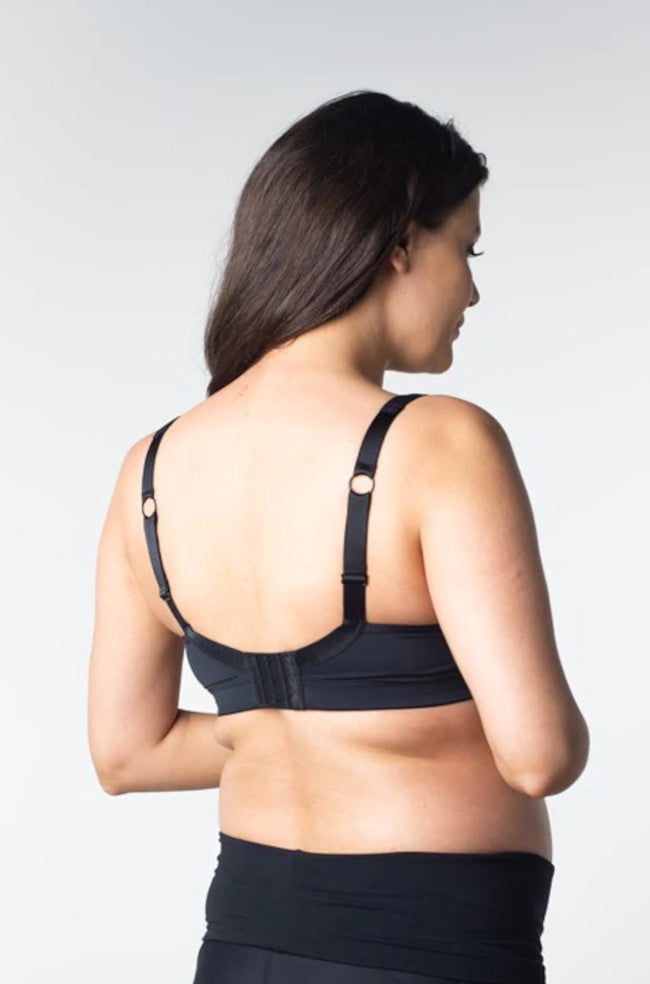Black wirefree cotton sports bra with A-frame support from Hot Milk, available in sizes 10 to 14 B-C.