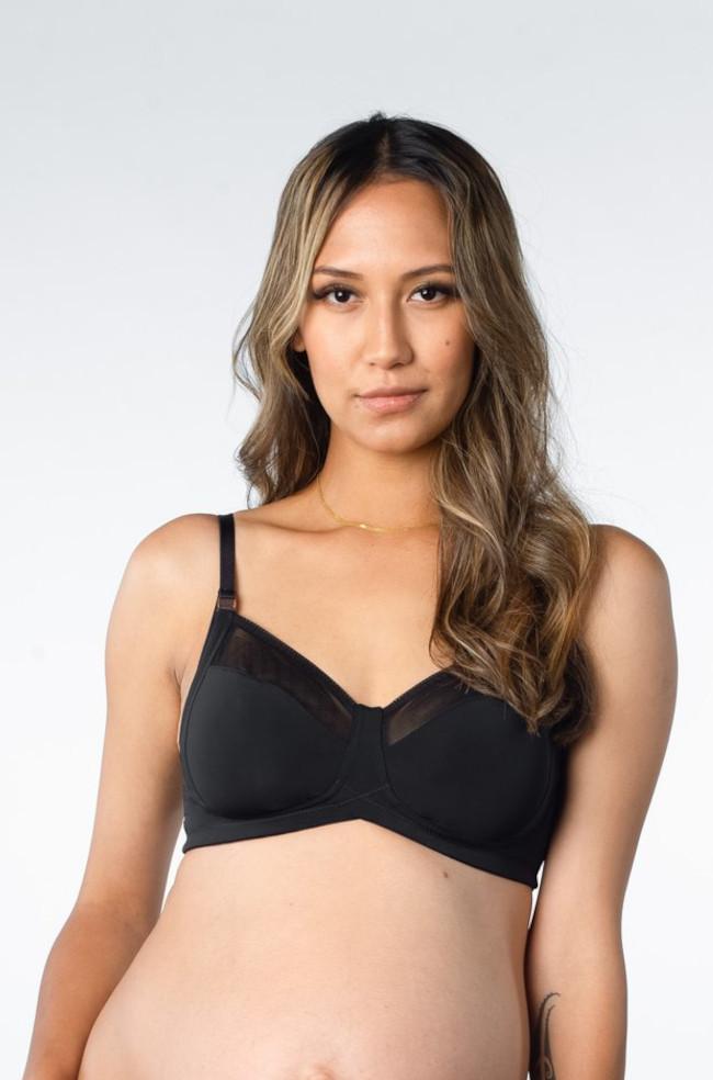 Black wirefree maternity bra from HOT MILK, featuring elegant lace trim and supportive design, available in size 10 and 12.