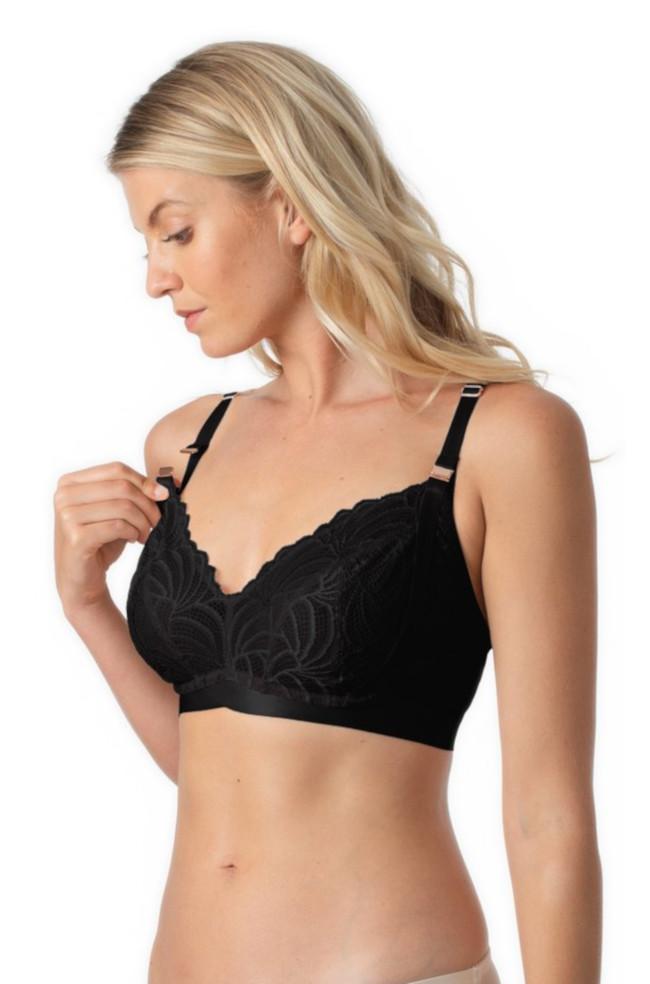 Black wirefree maternity bra with adjustable straps and larger cup sizes by Hot Milk
