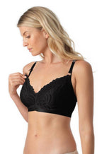 Black wirefree maternity bra with adjustable straps and larger cup sizes by Hot Milk