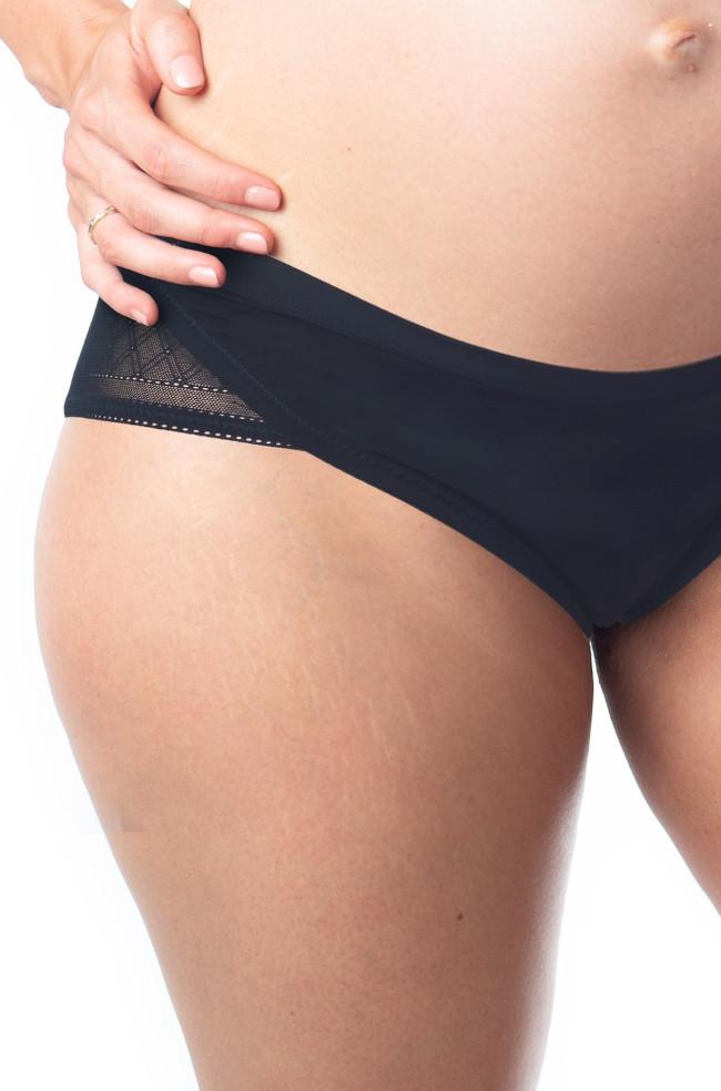 Black lace maternity briefs by Hot Milk with delicate detailing, designed for comfort during pregnancy.
