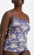 Dusty blue floral lace trim camisole by Jockey with adjustable straps, available in sizes 10, 12, and 14.
