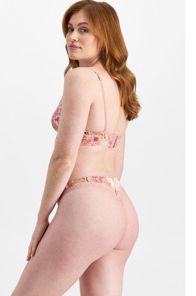 JW Paris pink floral G-string underwear for women, size 18, featuring delicate floral pattern and lace trim.