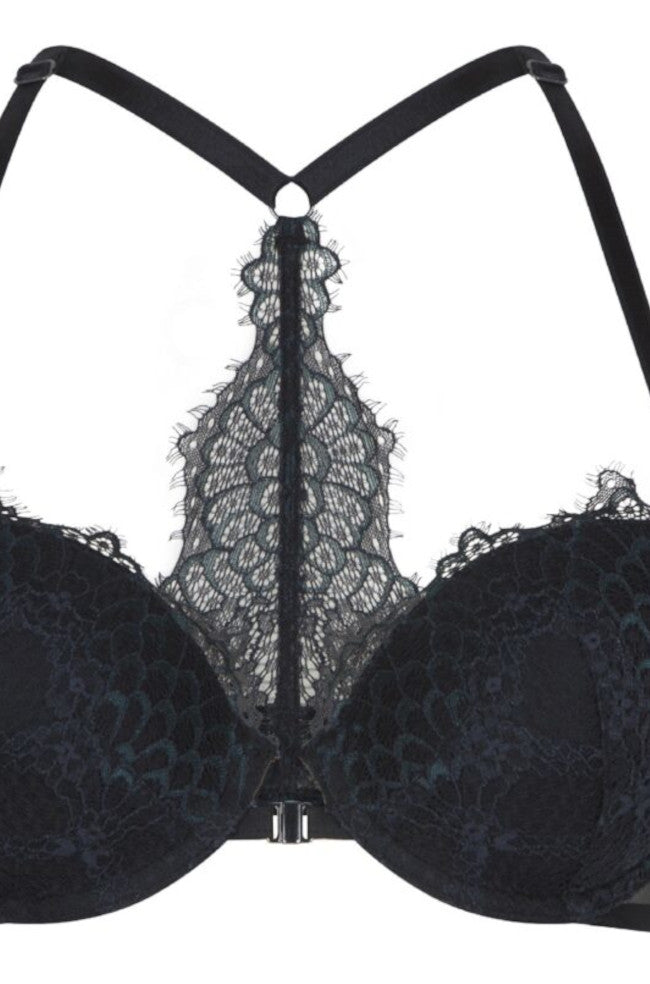 Black lace gel underwire plunge bra by Lingadore with peacock design, available in size 10, 12, 14, A cup.