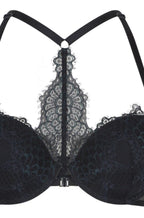 Black lace gel underwire plunge bra by Lingadore with peacock design, available in size 10, 12, 14, A cup.