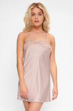 Bark brown silky polyester lace chemise with adjustable straps, size XS, by Lingadore