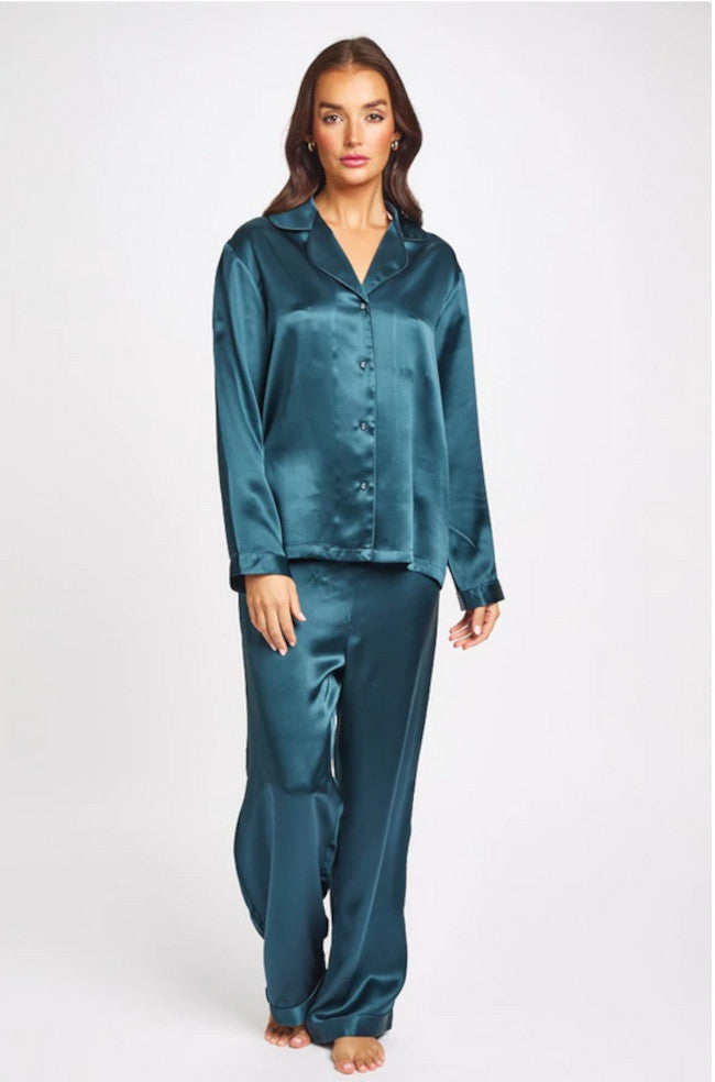 Love & Lustre Deep Forest silk piped PJ set, collared button-up design, size 12 sleepwear