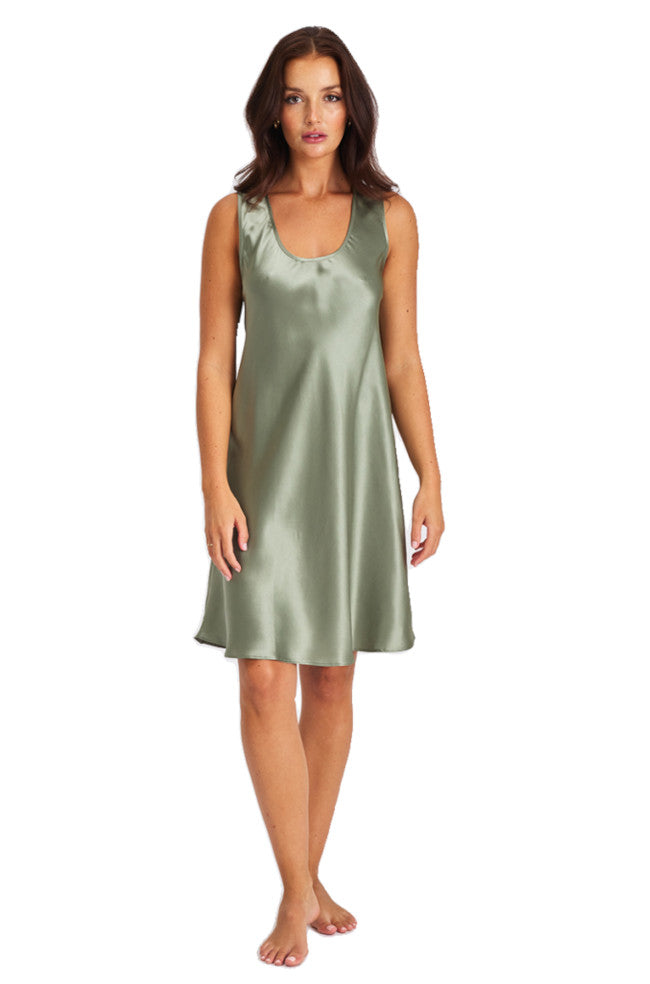 Fern green bias-cut silk short nightie by LOVE AND LUSTRE, showcasing luxurious fabric and elegant design.