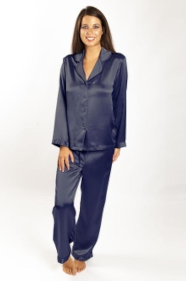 Love & Lustre Premium Silk Piped Pajama Set Navy Blue - Not Just Bras