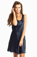 Navy silk scoop neck chemise from Love and Lustre, featuring a flowing design and breathable fabric.