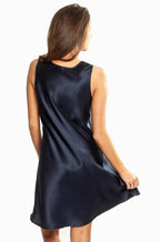 Navy silk scoop neck chemise nightie by Love and Lustre, featuring a relaxed fit and soft, breathable fabric