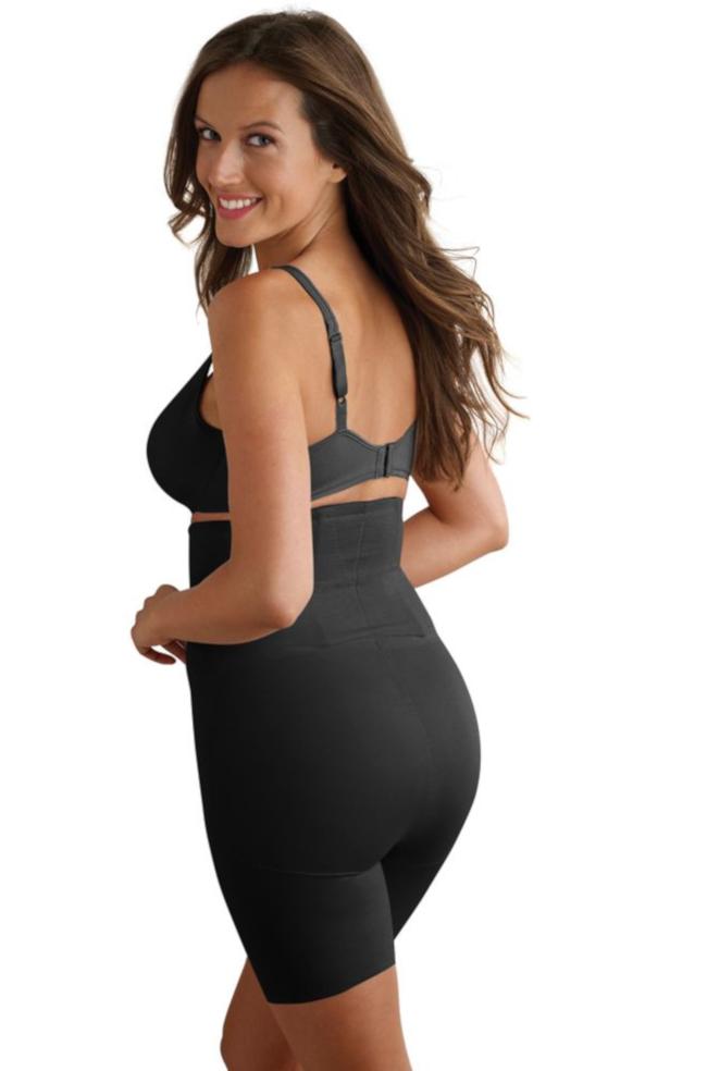 Black silicone grip high waist thigh slimmer shapewear by Miraclesuit for body contouring and compression.