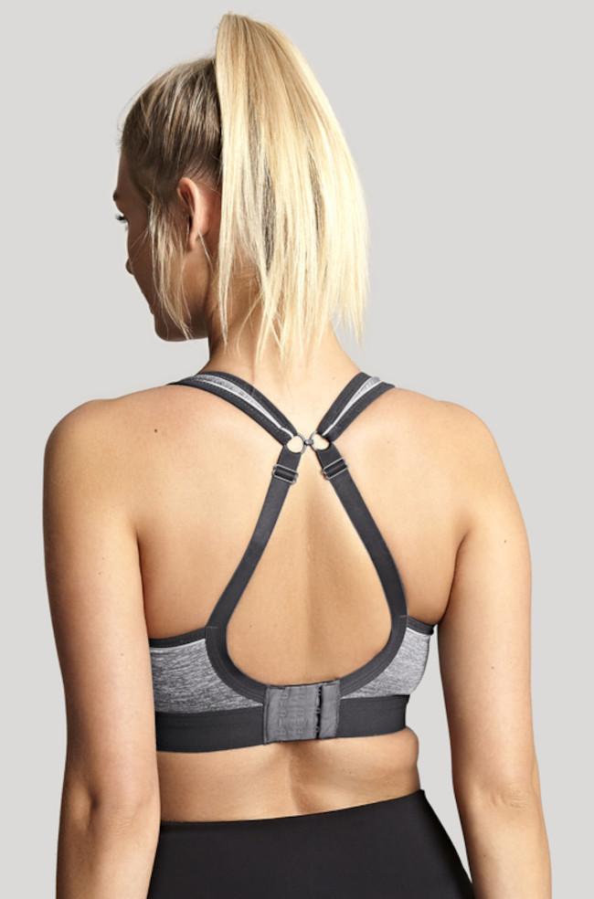 Charcoal grey marle Panache wirefree sports bra, B cup size with crossover design and soft material