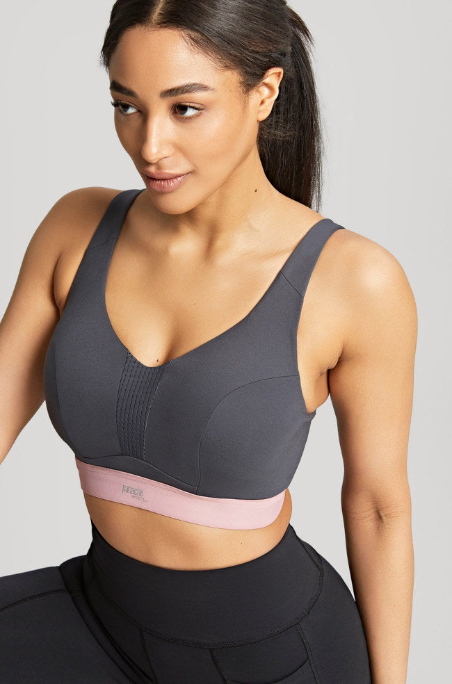 Charcoal Panache Endurance U/W sports bra with adjustable straps, available in sizes 12B and 16B.