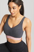 Charcoal Panache Endurance U/W sports bra with adjustable straps, available in sizes 12B and 16B.