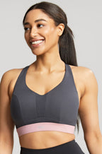 Charcoal adjustable-strap sports bra by Panache, available in size 12B and 16B.