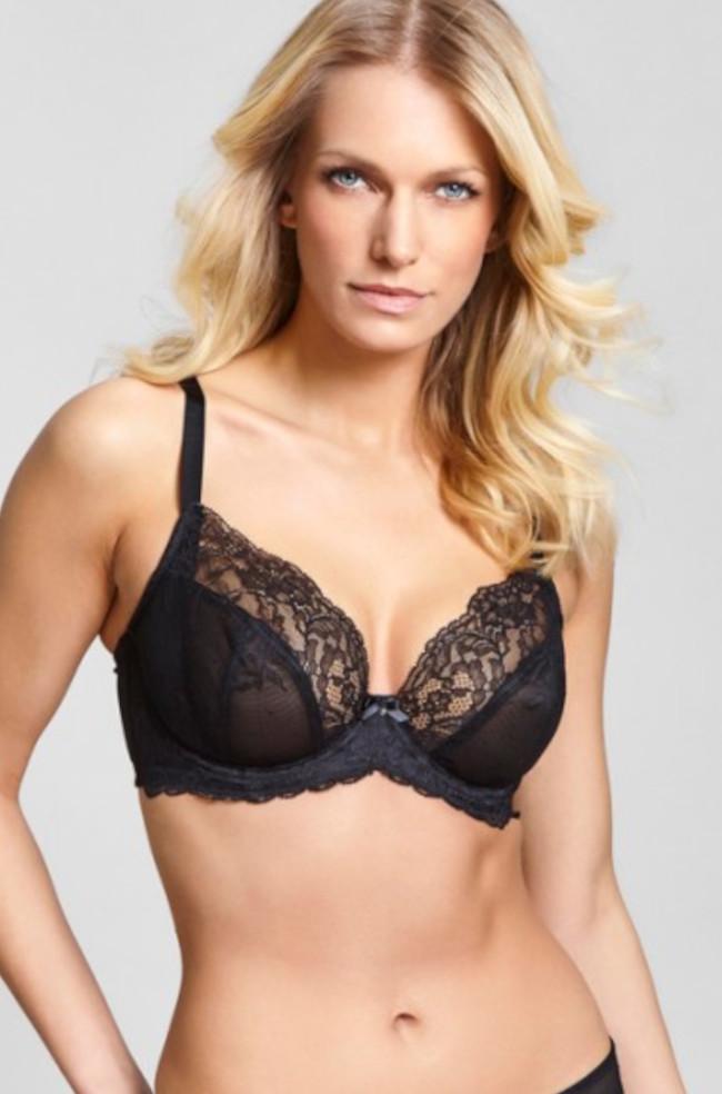 Panache Ana Plunge Bra in black with semi-sheer lace D-GG cups, featuring delicate styling and adjustable straps.