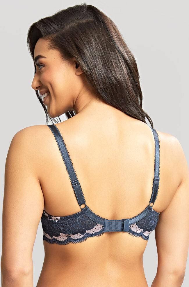 Panache Clara UW Moulded Sweetheart Bra in navy with pearl accents, featuring a supportive D-cup design and smooth molded cups.