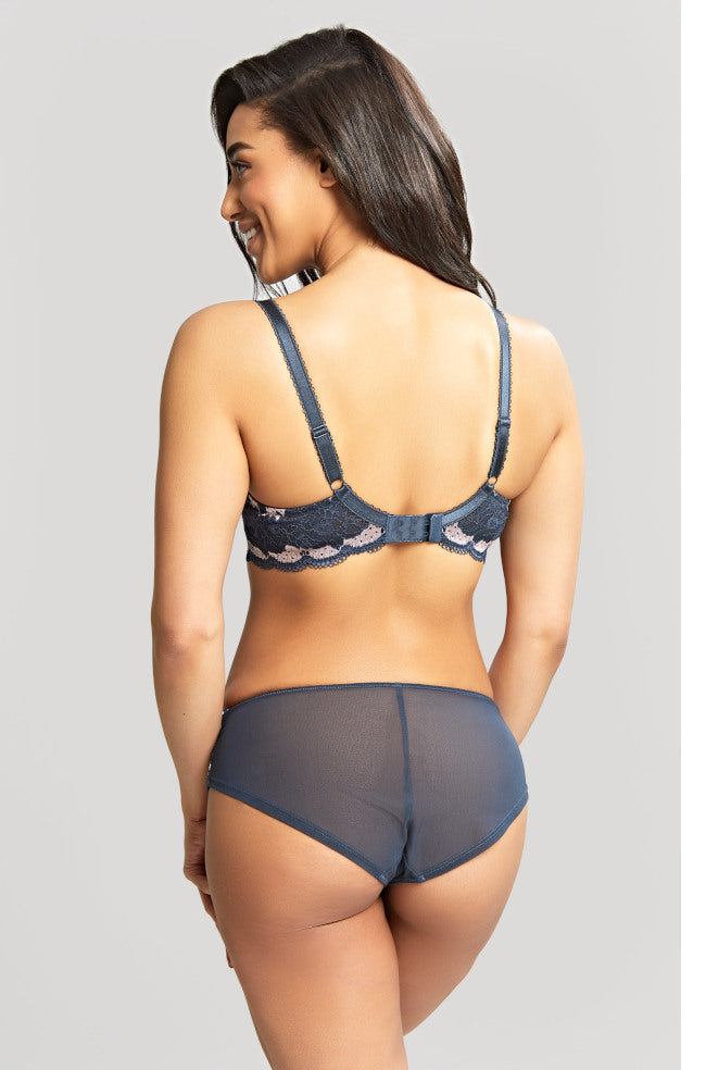 Panache Clara UW Moulded Sweetheart Bra in navy with pearl accents, featuring smooth cups and supportive underwire for a comfortable fit.