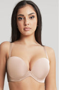 Panache Faith strapless plunge bra in latte, molded underwire design for D-GG cup sizes, featuring smooth fabric.
