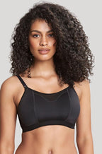 Black wirefree nursing bra in D cup with adjustable straps, by Panache, designed for comfort and support during maternity.