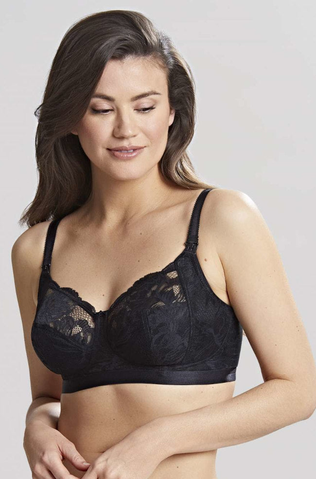Black wirefree nursing bra in larger cup sizes by Panache, featuring soft fabric and adjustable straps