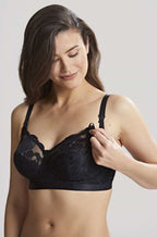 Black wirefree nursing bra with soft fabric, adjustable straps, and support for larger cup sizes by Panache