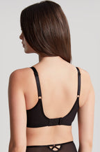 Panache Sabrina black and gold underwire balcony bra, D-J cup, featuring lace detailing and adjustable straps.